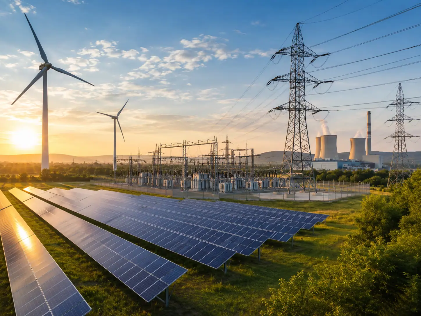 Wind turbines, solar array and transmission infrastructure at a power generation site.