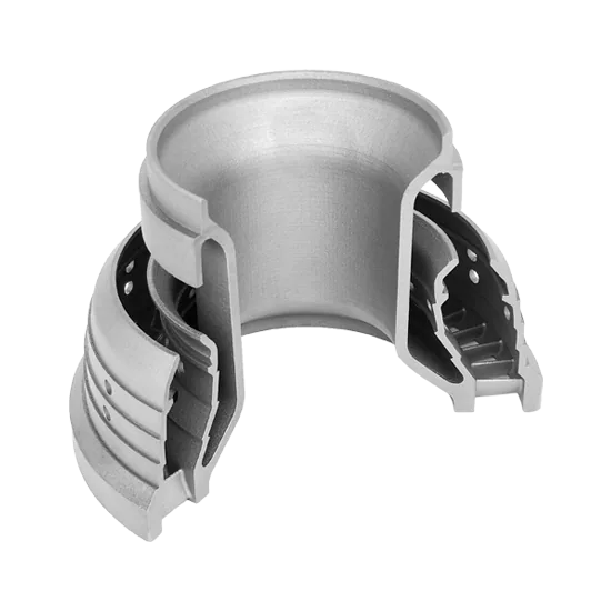 3D printed nickel-based alloy combustor with complex thin-walled surfaces.