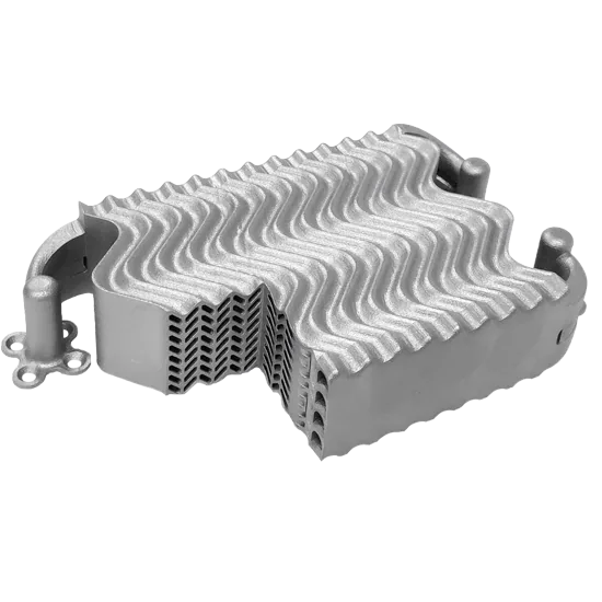 3D printed aluminium alloy heat exchanger with complex internal flow channels.