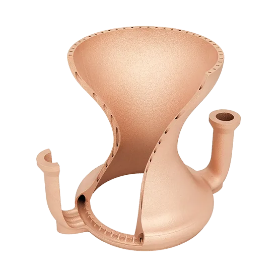 3D printed copper alloy thrust chamber with integrated internal flow channels.